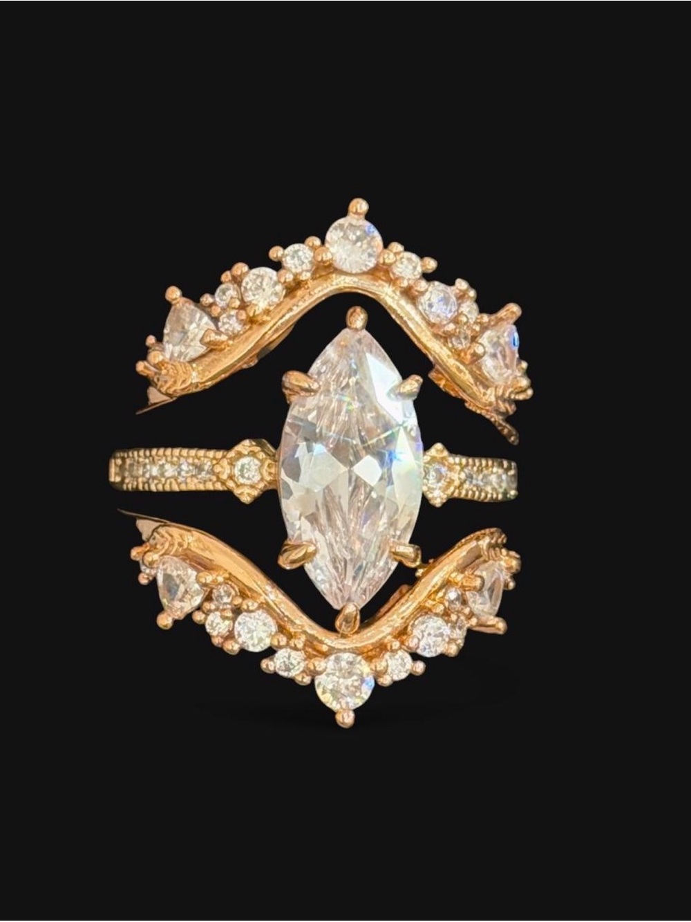 New Rose Gold Tone Marquise Cut Cubic Zirconia 3-Piece Stackable Statement Ring